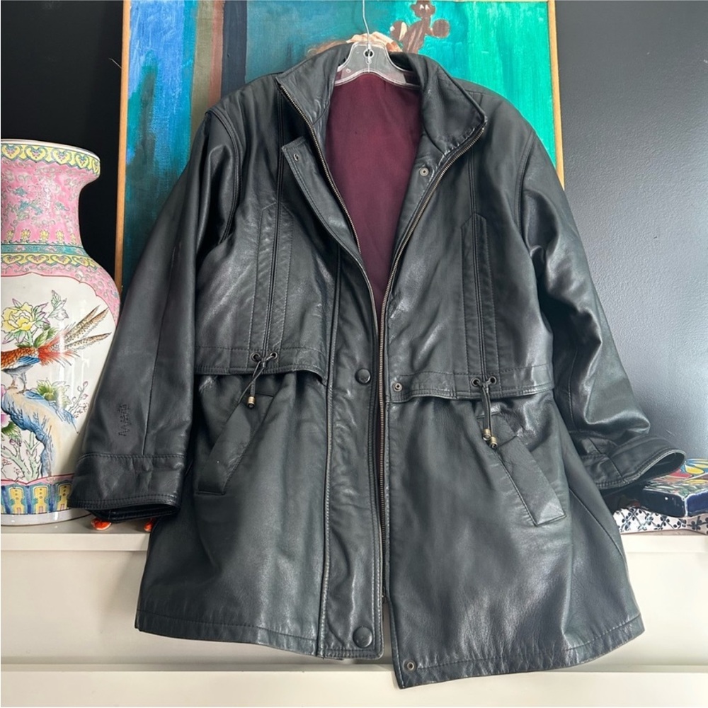 Vintage Black Leather Jacket with Burgundy Lining